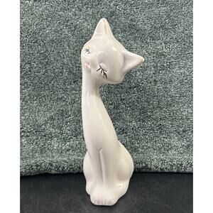 Kitschy Long Neck White Ceramic Cat Figurine Hand Painted 1950s